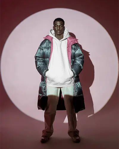 Full Body Portrait Hoodie Mockup Layered With Long Puffer Jacket Modern Fashion Look