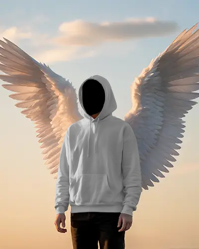 Athletic Hoodie Mockup With Realistic Angel Wings Background For Fashion Brand