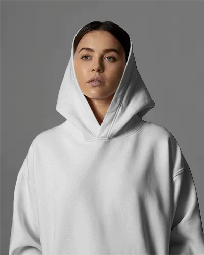 Studio Lit Grey Hoodie Mockup Female Model Hood Up Front View Minimal Fashion Style