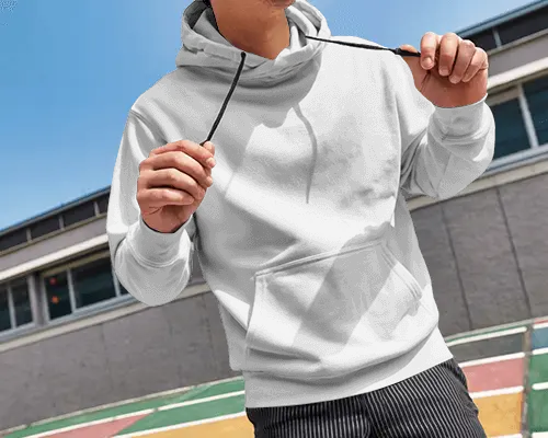 Outdoor Sporty Hoodie Mockup Male Model Pulling Drawstrings Urban Court Background