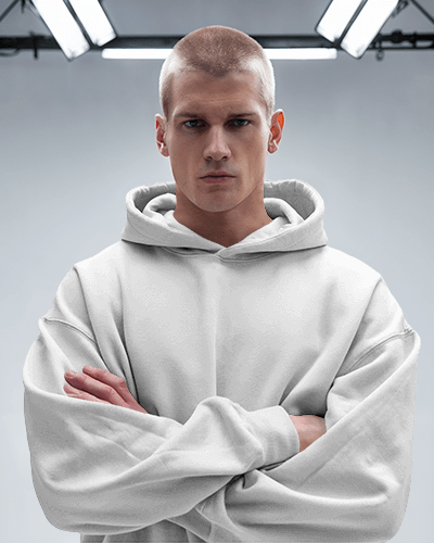 Aesthetic Hoodie Mockup Trendy Streetwear Look Confident Male Model Studio Photography