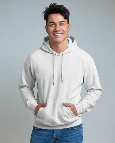 Bold Purple Hoodie Mockup Male Model Smiling Casual Urban Style Graphic Design