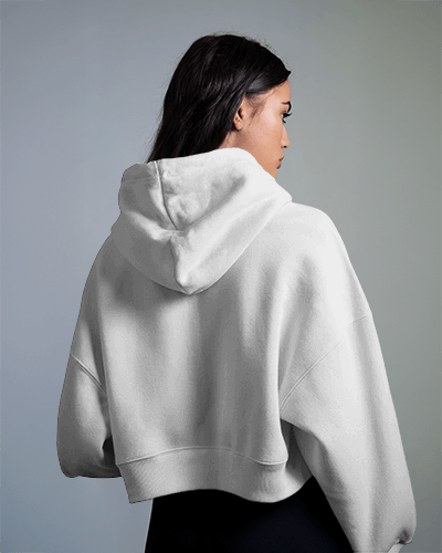 Vibrant Orange Cropped Hoodie Mockup Female Model Side Profile Playful Graphic Design