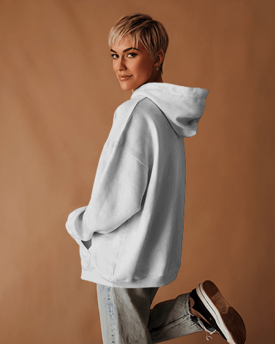 Earth Tone Hoodie Mockup Female Model Soft Lighting Cozy Streetwear Vibe