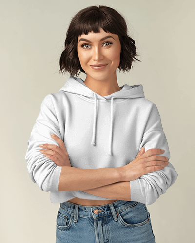 Aesthetic Hoodie Mockup Female Model Folded Arms Galactic Themed Print