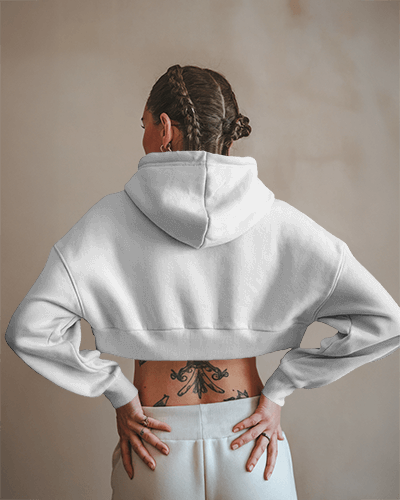 Cropped Hoodie Mockup Female Model Showing Back With Bold Graphic Design Trendy Look