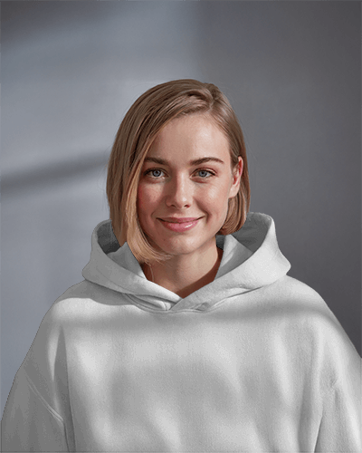 Modern Graphic Hoodie Mockup Female Model Casual Smile