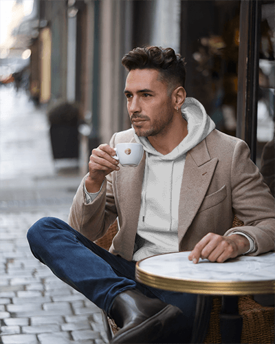 Fashionable Male Hoodie Mockup Streetside Cafe Relaxed Moment