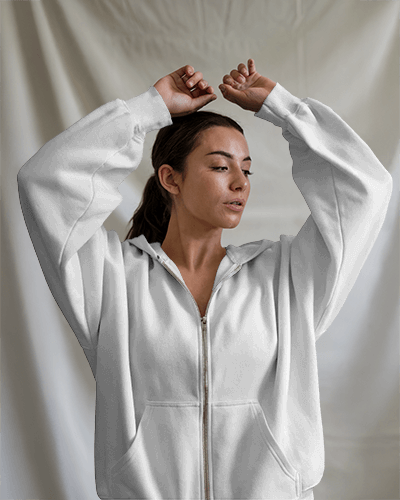 Relaxed Fit Zip Up Hoodie Mockup Female Model Casual Pose