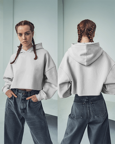 Neon Yellow Hoodie Mockup Female Model With Braided Hair Posing In Minimalist Studio Background Casual Streetwear Look