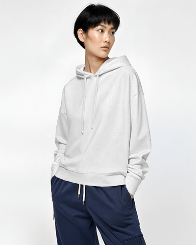 Vibrant Ghost Art On Lavender Hoodie Mockup Female Model Emphasizing Unique Graphic Casual Wear