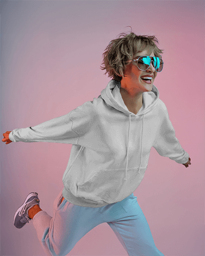 Light Brown Hoodie Mockup Female Model Showcasing Abstract Artwork Graphic Trendy Leisure Wear