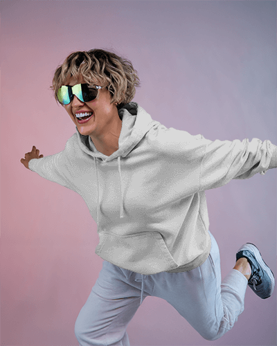 Lively Jump In Art Inspired Mustard Hoodie Mockup Female Model With Reflective Sunglasses