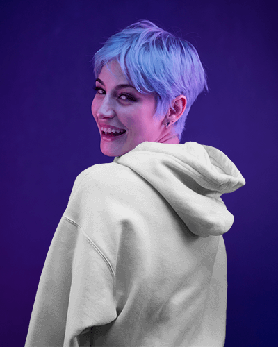 Cheerful Woman Yellow Hoodie Mockup Encouraging Work Life Balance Casual Fashion