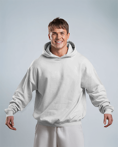 Joyful Male Model Purple Hoodie Mockup Promoting Unique Think Outside The Box Idea Casual Look