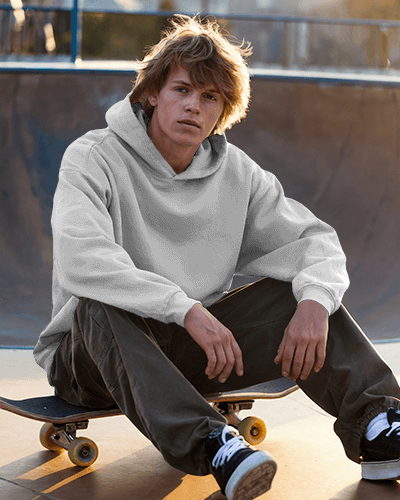 Urban Skatepark Hoodie Mockup Teenager Sitting On Skateboard Casual Streetwear Trendy Graphic Print