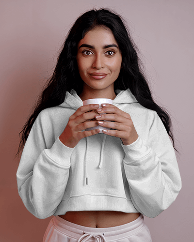 Cozy Pink Hoodie Mockup Female Model With Coffee Cup Casual Graphic Print Relaxed Fit Fashion