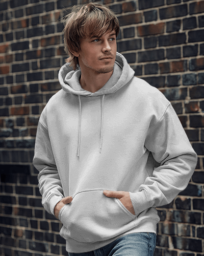 Urban Brick Wall Yellow Hoodie Mockup Male Model Freedom Graphic Casual Streetwear