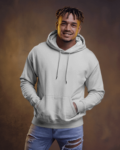 Cool Casual Hoodie Mockup Male Model With Bright Hair Against Warm Brown Background With Graphic Print