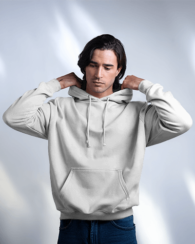 Vibrant Sky Blue Hoodie Mockup Male With Long Hair Under Bright Focus Lighting Showcasing Motivational Quote