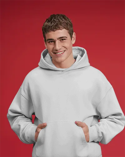 Young Male Model Hoodie Mockup With Red Background