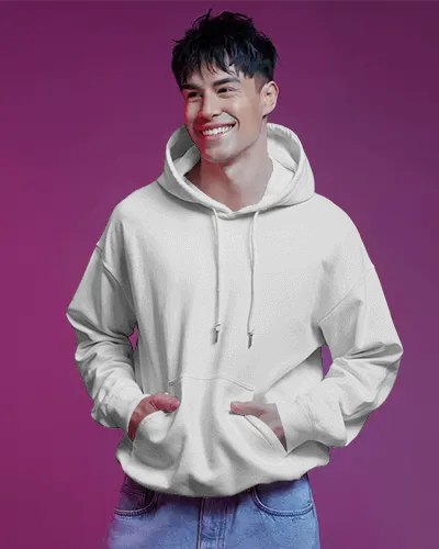 Cheerful Male Model Hoodie Mockup With Purple Background