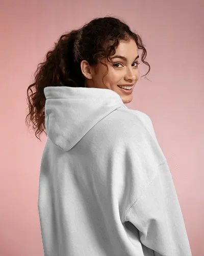Back View Hoodie Mockup Featuring Female Model In Soft Color Palette Perfect For Loungewear Designs