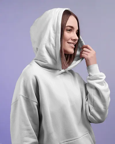 Casual Womenswear Hoodie Mockup With Light Color Studio And Genuine Smile On Fashion Forward Model