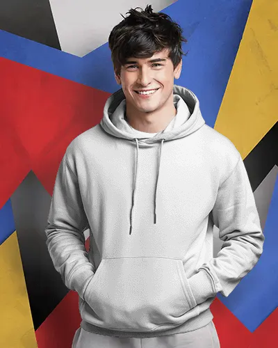 Vibrant Street Style Hoodie Mockup With Smiling Male Model In White Hoodie Against Colorful Geometric Wall