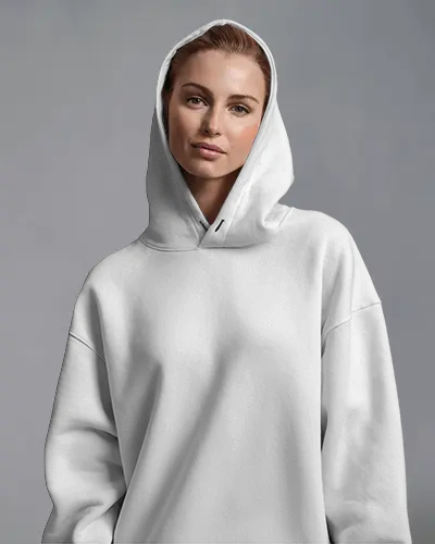 Confident Womens Hoodie Mockup Featuring Model With Hood Up In Modern Neutral Toned Photo Studio