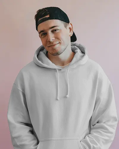 Casual Mens Hoodie Mockup Featuring White Fleece And Modern Streetwear Look With Soft Colored Backdrop