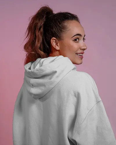 Pastel Background Hoodie Mockup Back View Of Woman In Light Hoodie With Cheerful Look
