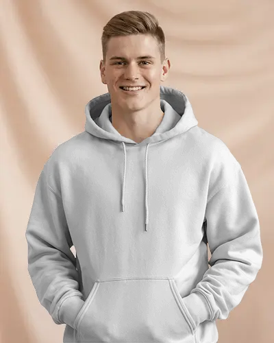 Casual Studio Hoodie Mockup Happy Man In Clean Fleece Against Textured Backdrop