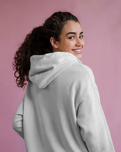 Smiling Model Hoodie Mockup Female Showing Back Design In Hoodie On Pink Backdrop