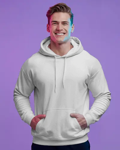 Colorful Studio Hoodie Mockup Smiling Male Model In Hoodie On Purple Gradient Background
