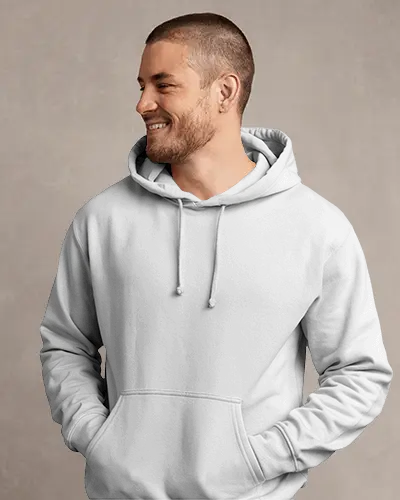 Soft Studio Hoodie Mockup Smiling Male Model In Hoodie On Warm Beige Background