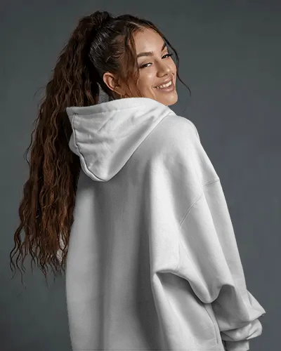 Studio Lit Hoodie Mockup Female Model Smiling In Hoodie Back View With Soft Light