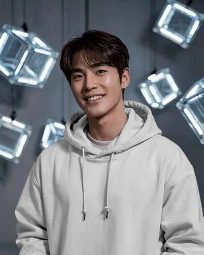 Futuristic Studio Hoodie Mockup Smiling Male Model In Hoodie With Glowing Cube Lights