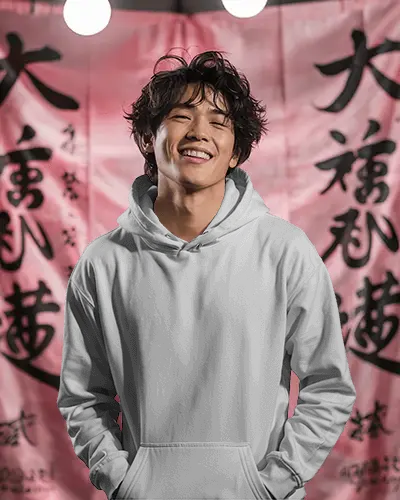 Cultural Vibes Hoodie Mockup Male Model In Hoodie With Dramatic Japanese Style Poster Background