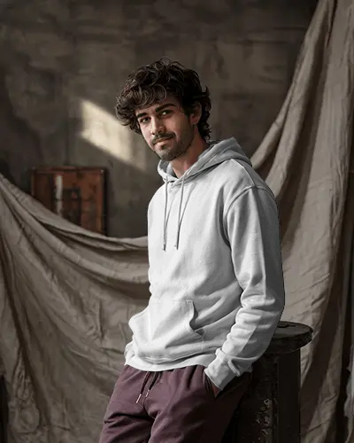 Rustic Studio Hoodie Mockup Male Model Leaning Casually Against Industrial Backdrop
