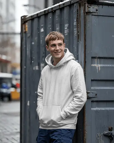 Streetwear Hoodie Mockup Modern Male Model In Urban Setting With Metal Shipping Container