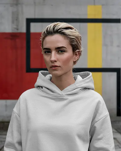 Downtown Cityscape Hoodie Mockup Hoodie With Modern Art Backdrop For Streetwear Branding