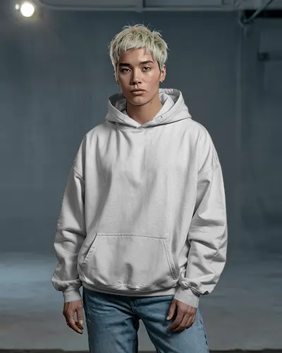 Neutral Background Hoodie Mockup Modern Male Model With Blonde Hair Wearing Minimalist Apparel