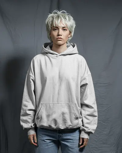 Minimalist Studio Hoodie Mockup Woman In Grey Hoodie Front View With Neutral Backdrop
