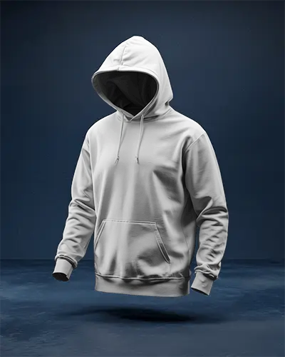 Faceless Hoodie Mockup Ghosted Front Display Against Dark Blue Wall Modern Streetwear Template