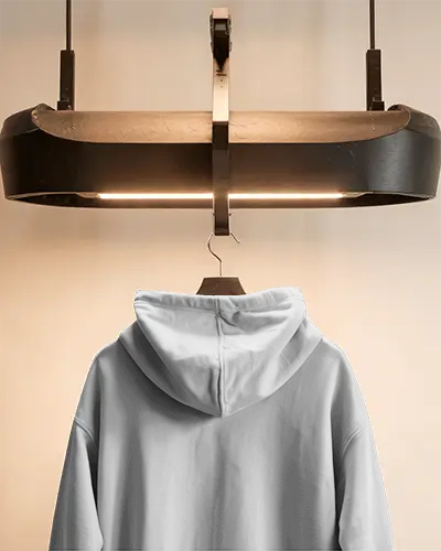 Back View Hoodie Mockup Clean Design Space Hanging On Wooden Hanger Neutral Background
