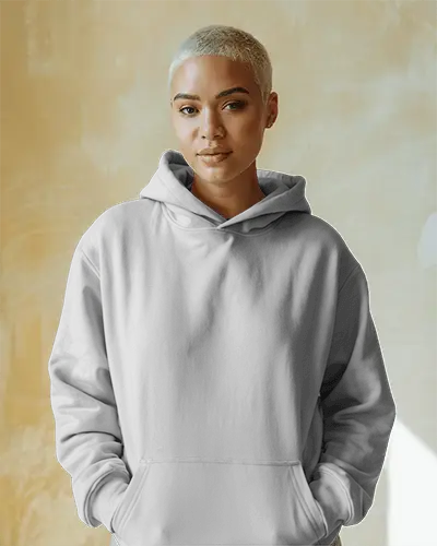 Natural Light Hoodie Mockup Front View Of Confident Female Model With Short Hair Against Textured Wall 0531