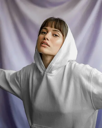 Fashionable Hoodie Mockup Woman Wearing Hood Up Stylish Pose Vibrant Background