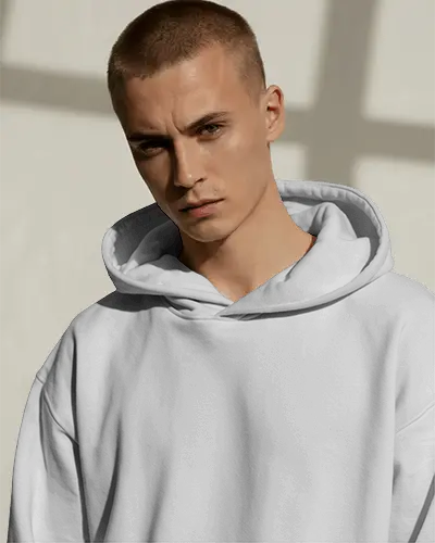 White Hoodie Mockup On Male Model With Buzz Cut In Hard Light Ideal For Bold Streetwear Branding