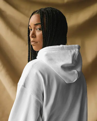 Back View Hoodie Mockup Female Model In Hoodie With Braids On Neutral Fabric Background